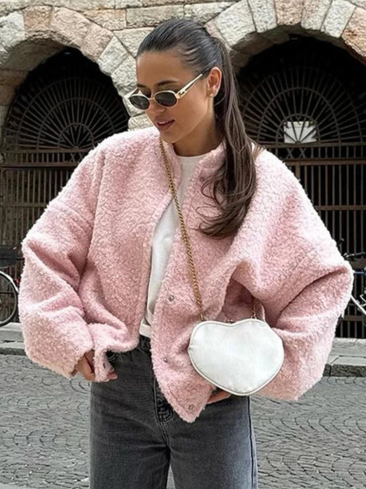Aiertu  -  Woman Fashion Loose Pink Warm Coats 2026 Autumn New Casual Oversized Bomber Jacket Girls Vintage Thick Warm Outwear Aiertu