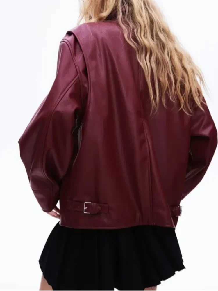 Aiertu  -  2026 New Women Solid Zipper Leather Jacket Vintage Lapel Long Sleeve Bomber Loose Coat Ins Fashion Lady Motorcycle Outerwear Aiertu