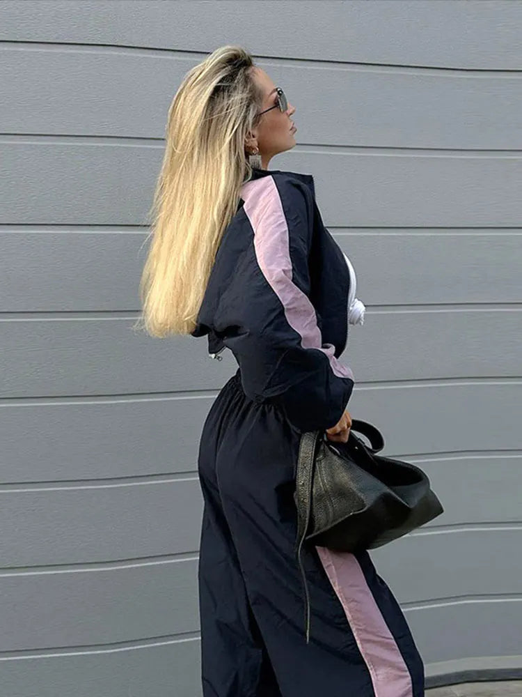 Aiertu  -  Fashion Loose Blue Patchwork 2 Piece Sets Women Outfit Casual Elegant Long Sleeve Zip Top With High Waist Wide Pants Set Female Aiertu