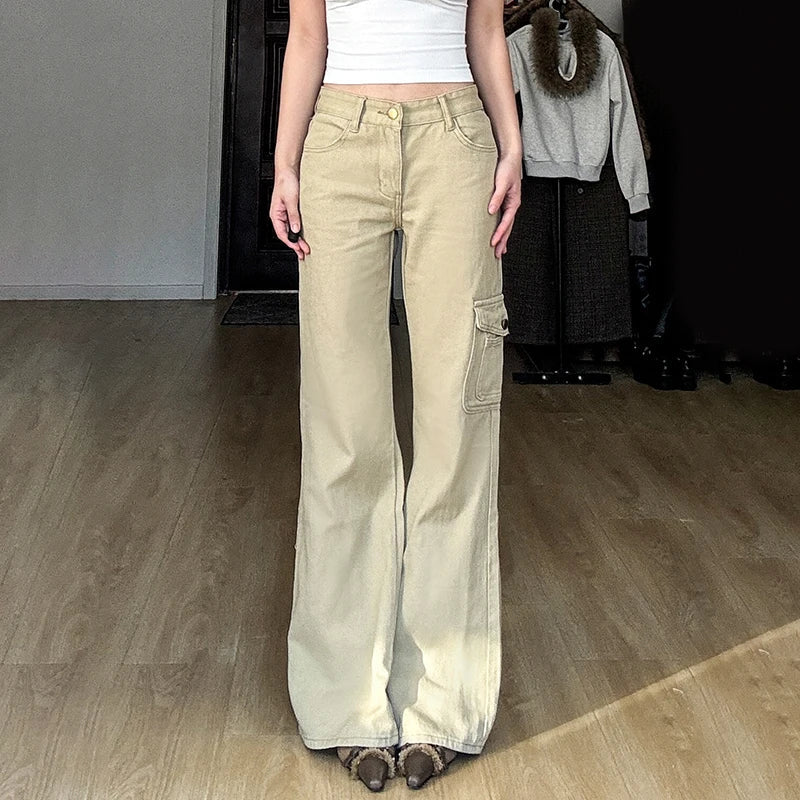 Aiertu  -  Y2K Casual Women Straight Jeans Khaki Fashion Pocket Cargo Pants Retro 90s Loose Denim Trousers Spring High Street Aiertu