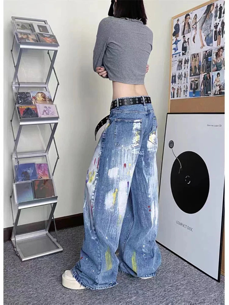 Aiertu  -  Women's Personalized Graffiti Tie Dye Design Jeans Young Girl Denim Trousers Vintage Street Bottoms Female High Waisted Pants Aiertu