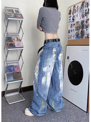 Aiertu  -  Women's Personalized Graffiti Tie Dye Design Jeans Young Girl Denim Trousers Vintage Street Bottoms Female High Waisted Pants Aiertu