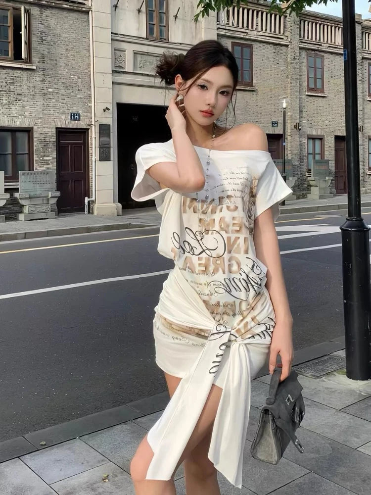 Aiertu  -  Summer Sexy Harajuku Off The Shoulder Mid-length T Shirts American Subcultural Print Slim Dresses Y2k Spliced Lace Up Girl Dress Aiertu