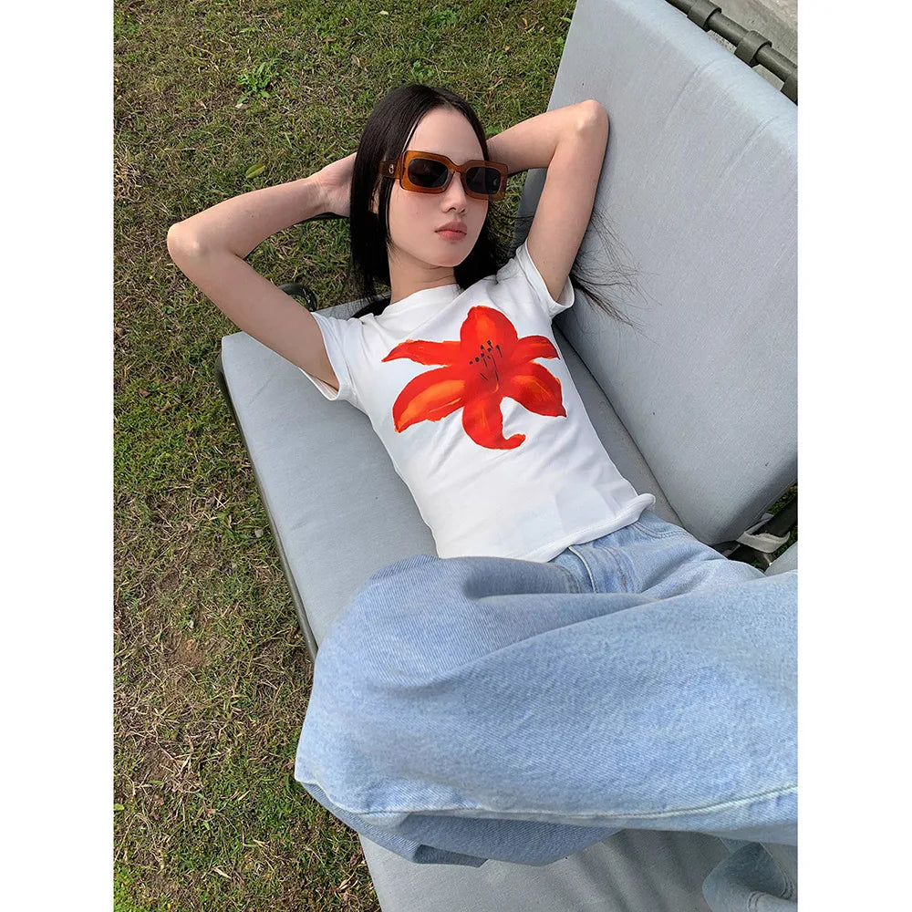 Aiertu  -  Girl Slim Flower Printed T-Shirt Women's 2026 Spring and Summer Versatile Short Top Women Aiertu