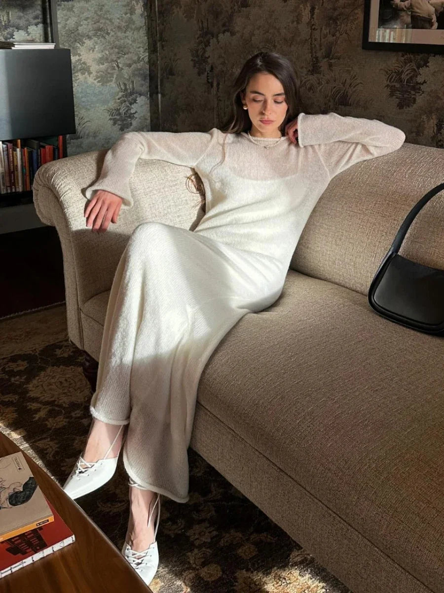 Aiertu  -  O-Neck Elastic Knitted Long Dress ï¼?Camisole Skirt Women Chic Soft Lady Hollowing Sweater Dresses 2 Pieces Sets Aiertu