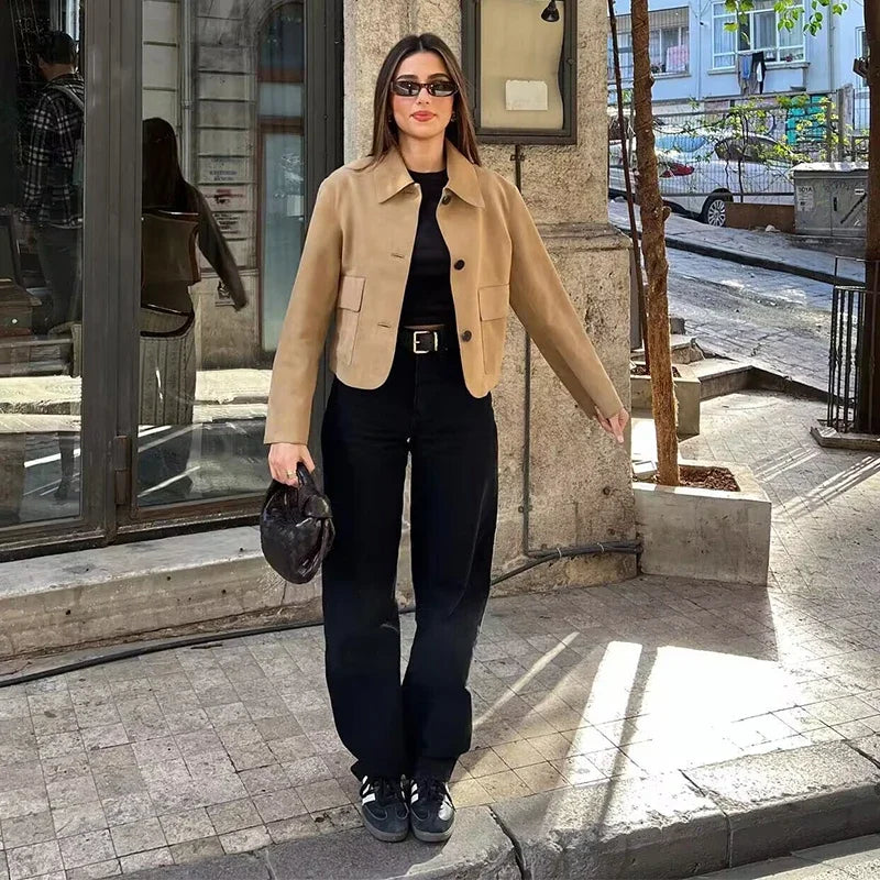 Aiertu  -  Vintage Faux Suede Lapel Jackets Women Loose Single Breasted  Pockets Long Sleeve Coats 2026 Autumn New Lady Chic Tops Outwear Aiertu