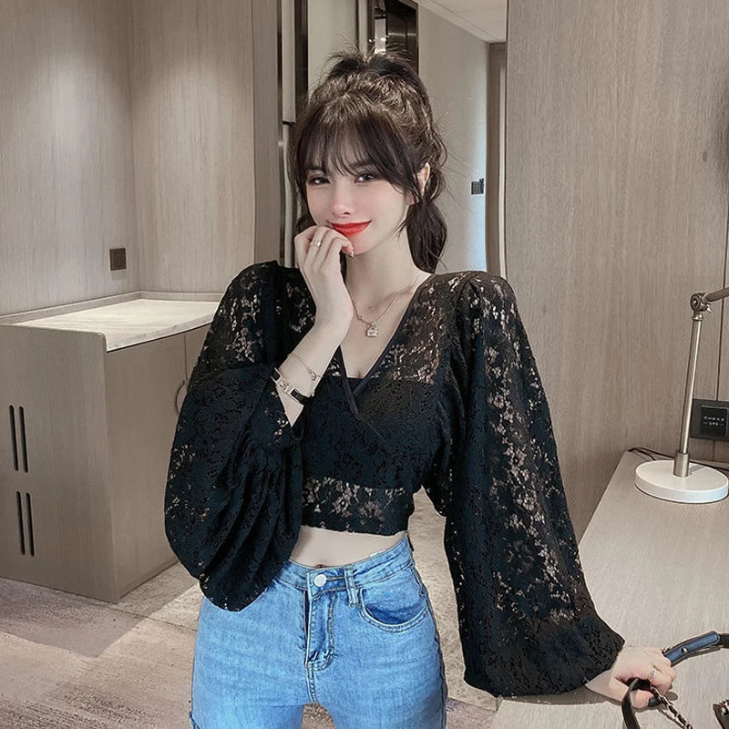 Spring Outfits Back To School Outfits Sexy Lace Hollow Out Blouse Women Summer V-Neck Puff Sleeve Backless Tops Casual Korean Slim Lace Up Solid White Crop Tops Aiertu