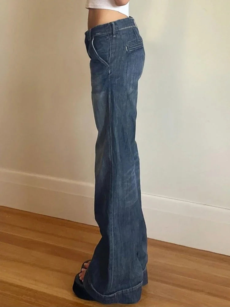 Aiertu  Grunge Vintage Streetwear Mid Waist Wide Leg Pants Women American Retro Sexy High Street Hip Hop Slim Jeans Aiertu