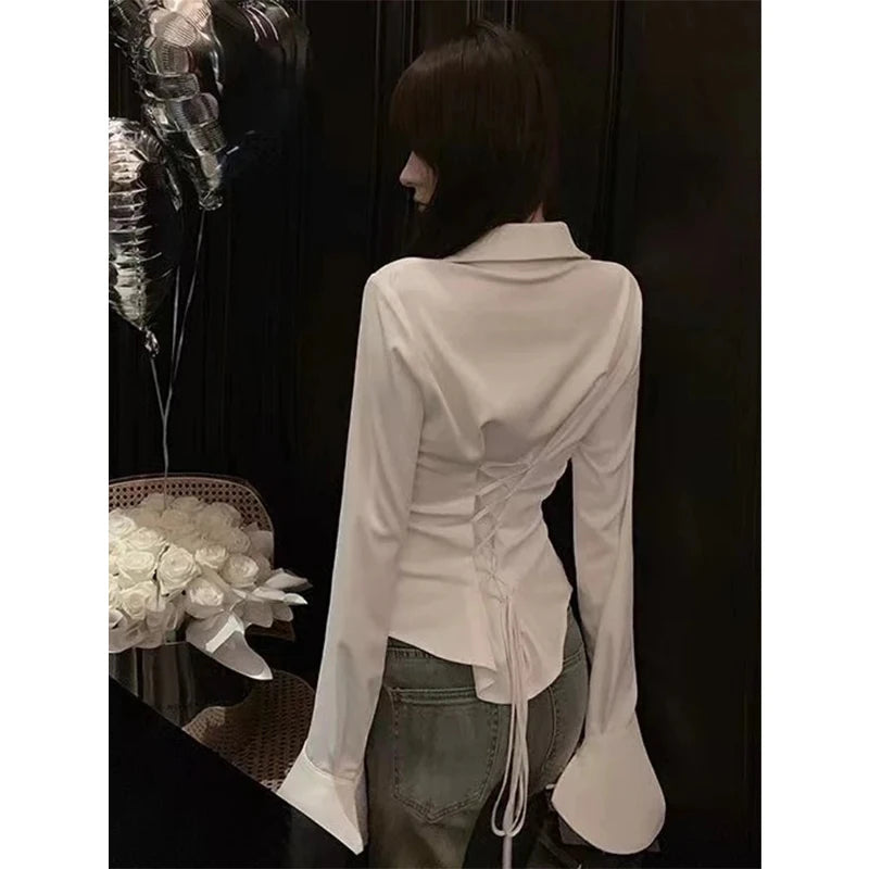 Aiertu Y2K White Blouses Women Sexy Bandage Slim Shirts Office Lady Korean Fashion Black Long Sleeve Waist Tunic Chic Casual Tops Aiertu