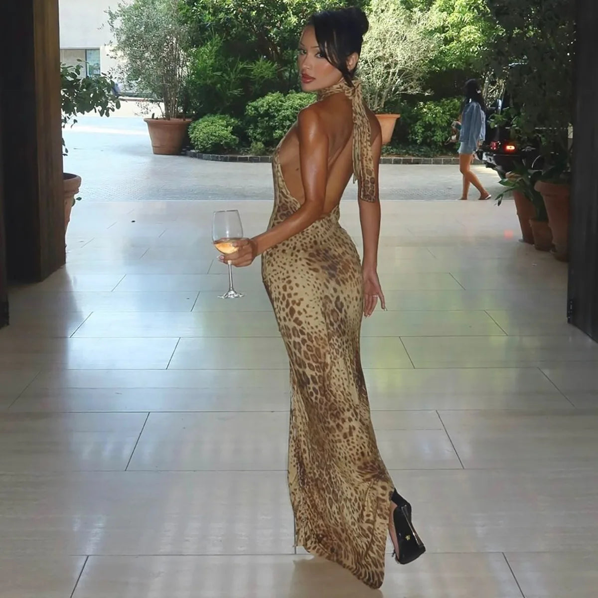 Aiertu  -  Fashion Halter Leopard Sexy Backless Maxi Dress Women Club Outfits Bandage Embellished Long Dresses Robe Clothes Aiertu