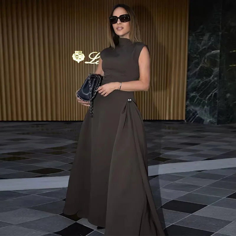 Aiertu  -  Elegant Women Slanted Collar Pleated Long Dress Solid Sleeveless Slim High Waist Loose Hem Dresses 2025 Lady Evening Party Robes Aiertu