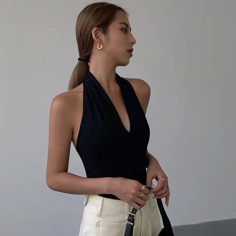 Aiertu  -   Summer Hot Girls New Summer Women Vest Tops Halter Neck Sleeveless Slim Sexy Camisole Tanks Deep V-neck Mature Black Vests Aiertu