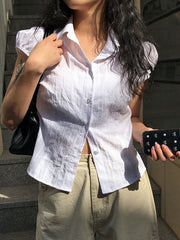 Aiertu - summer inspo Hot White Solid Single Breasted Turn Down Collar Casual Shirts Women Simple Puff Sleeve Japanese Y2K Preppy Summer Tops Aiertu