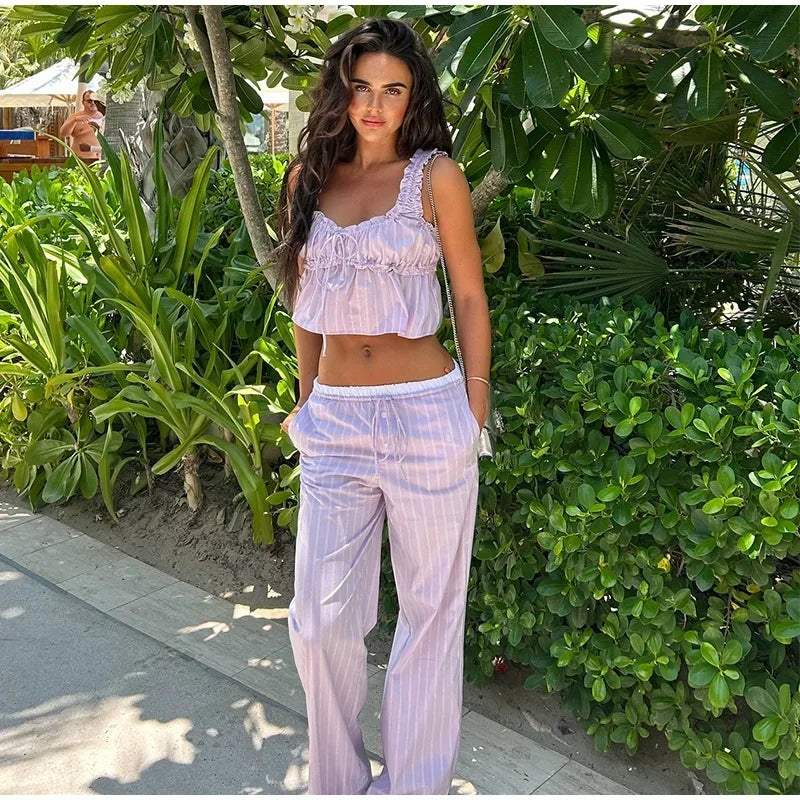 Aiertu  -  Casual Striped Ruffles Top Pants Suit Women Lace-up Sleeveless Pleated Vests Loose Wide Leg Trouser 2026 New Lady Set Streetwear Aiertu