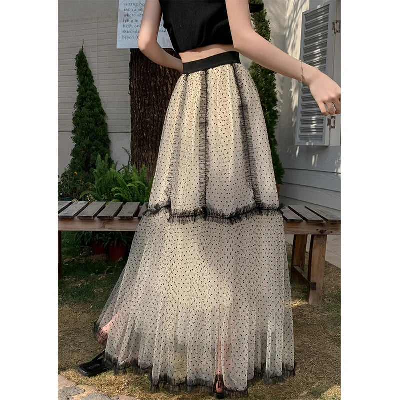 Aiertu  -  Elegant Tulle Midi Skirt Women Vintage Polka Dots Mesh Skirts Summer Ladies Korean Lace Print Patchwork A Line Faldas New Aiertu
