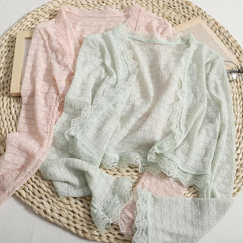 Aiertu Cropped Pink Lace Shirts Women Fashion Sheer White Long Sleeve Blouses Summer Korean Casual All Match Sun Protection Tops Aiertu