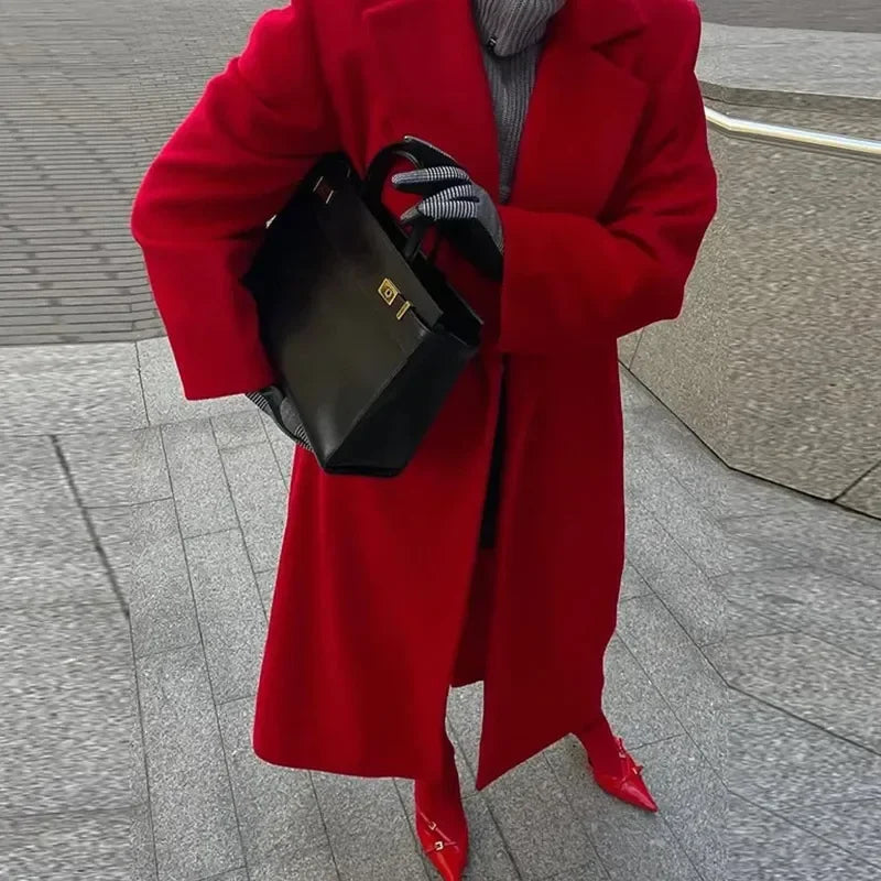 Aiertu     -  Fall Outfits 2026 Red Woolen Long Coats Women Elegant Lapel Full Sleeve Single Button Loose Tops 2026 Autumn New Lady Solid High Street Outwear Aiertu