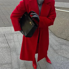 Aiertu     -  Fall Outfits 2026 Red Woolen Long Coats Women Elegant Lapel Full Sleeve Single Button Loose Tops 2026 Autumn New Lady Solid High Street Outwear Aiertu