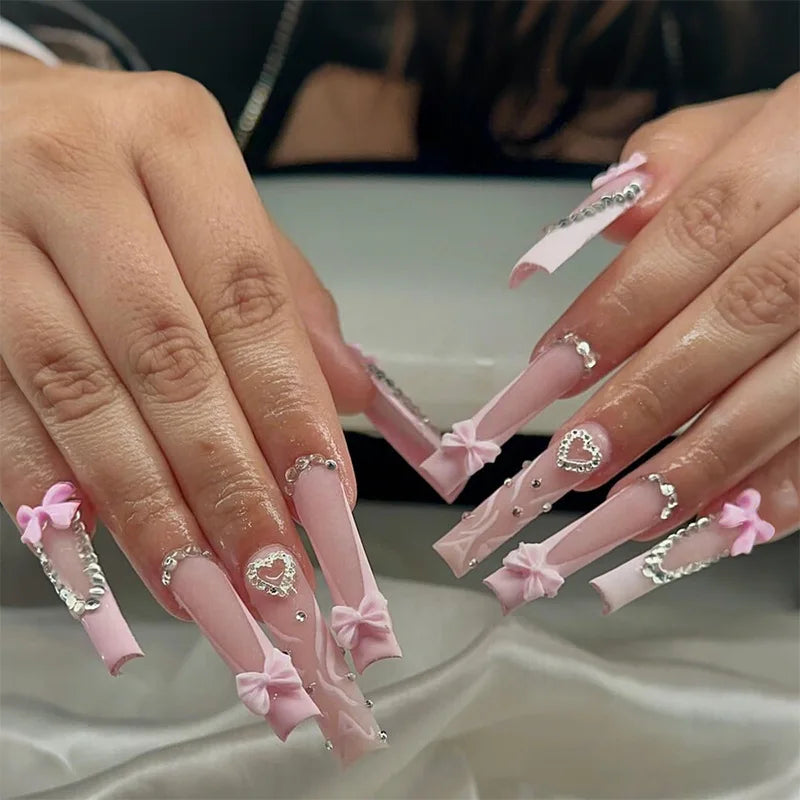 Aiertu  -  24PCS Long Square False Nails with 3D Bowknot Tie Designs Sweet Pink French Stick on Nails for Women Wearable Manicure Nail Tips Aiertu