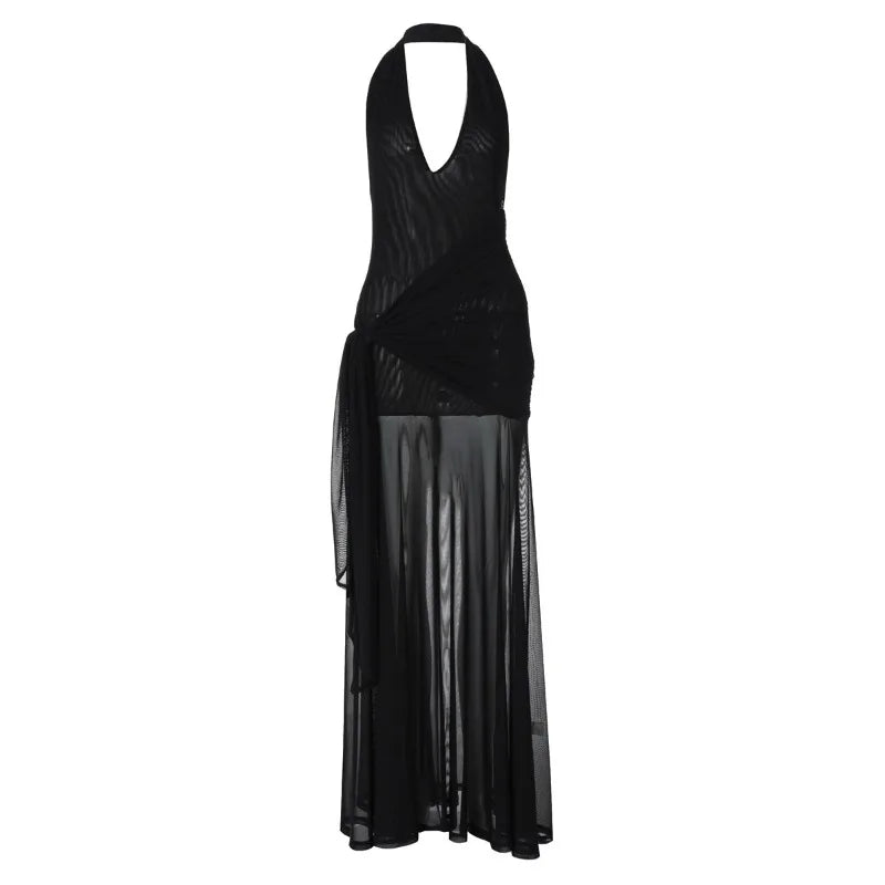 Aiertu  -  Hater Neck Backless Long Dresses See Through Mesh Black Club Dress Women Sexy Summer Clothes 2025 P15-DC35 Aiertu
