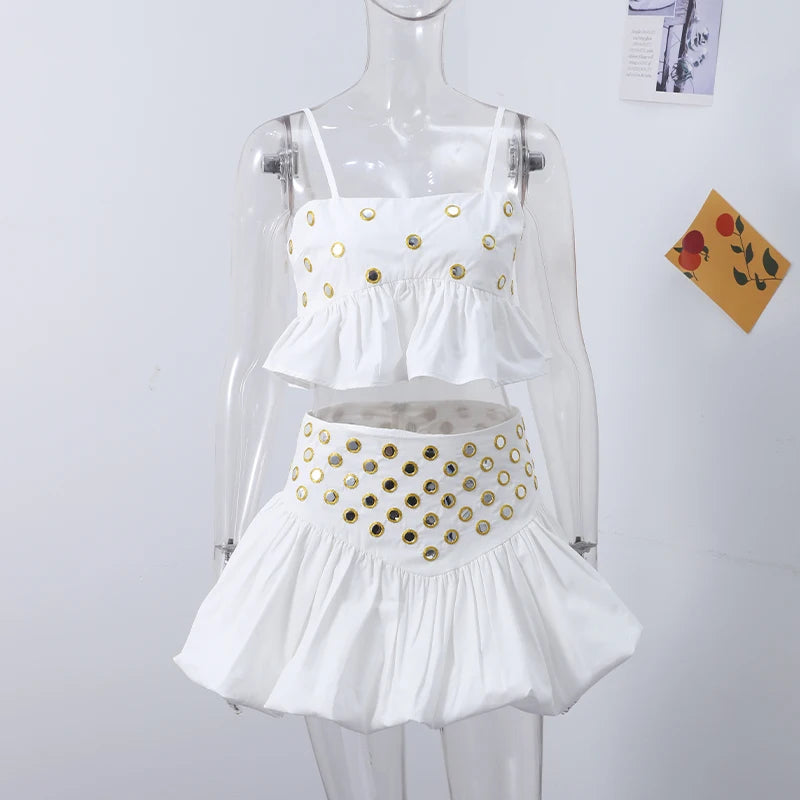 Aiertu  -  Fashion Sequin Skirt Set Women Sling Sleeveless Back Ruffle Hem Crop Tank High Waist Pleated A-line Mini Skirts Female Sets 2025 Aiertu