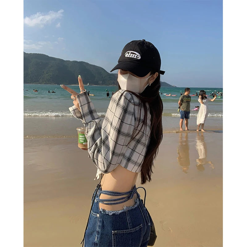 Aiertu Streetwear Plaid Shirts Women Y2K Harajuku Bandage Crop Tops Korean Fashion Long Sleeve Casual All Match Chic Blouses New Aiertu