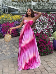 Aiertu  -  Rainbow Halter Pleated Suspender Large Swing Women Dress Summer Beach Backless Slim Dresses 2025 Summer Vacation Chic Lady Robe Aiertu
