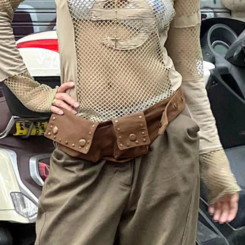 Aiertu  -  Harajuku Brown Buttons Vintage Female Belts Pockets Y2K Grunge Bum Bag Waistband Accessories Wide Sashes Outfits Aiertu