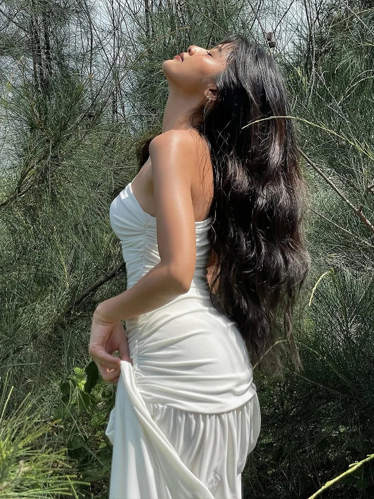Aiertu  -  Summer High Slits Temperament Dress Biased Collar Backless Folds Skinny Sleeveless Vacation Beach Party Classic Vestidos Aiertu