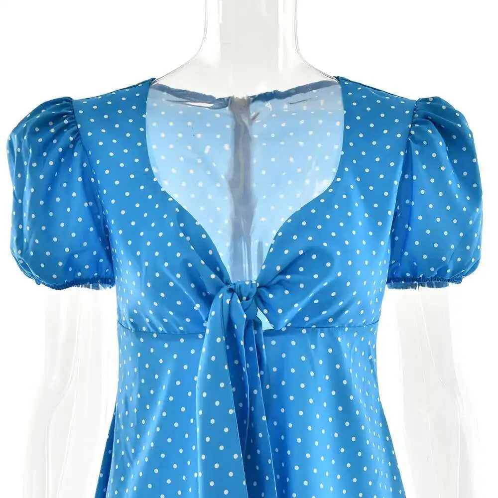 Aiertu  -  Summer New Print Polka Dot Zipper Women Dress Blue Short Sleeve V-neck Bandage Mini Dress Summer Slim Elegant Streetwear Aiertu