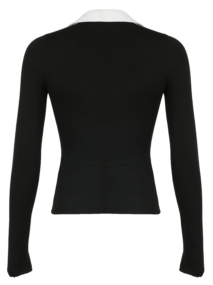 Aiertu - summer inspo Hot Contrast Binding U Neck Slim Basic Long Sleeve Tees Black Bow Embroidery Cute Turn Down Collar Spring Autumn T Shirts Aiertu