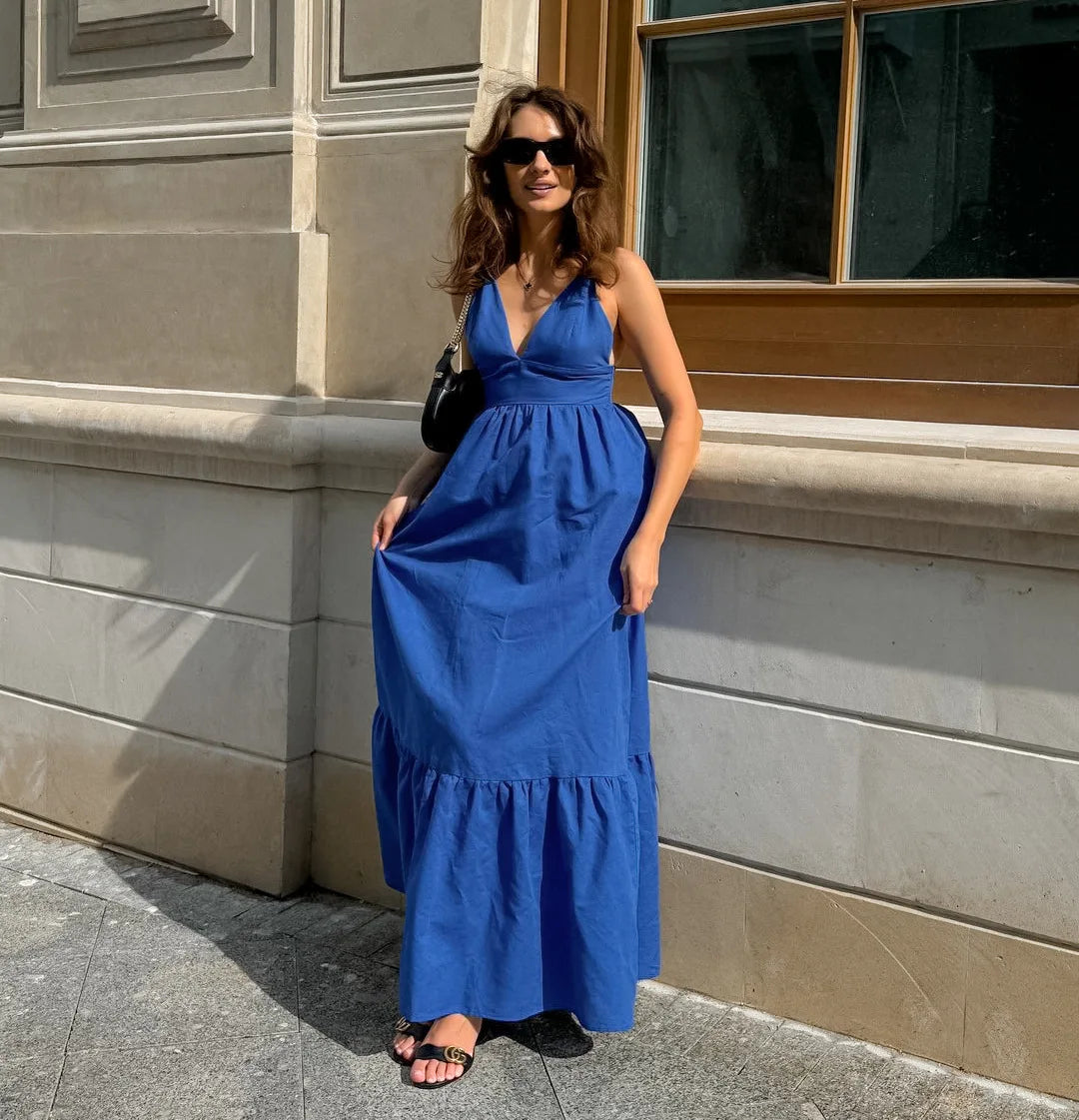 Aiertu  -  2025 New Blue Casual Long Dress Women Sexy V Neck Sleeveless Backless Maxi Dresses Summer Elegant Fashion Female A-line Vestidos Aiertu
