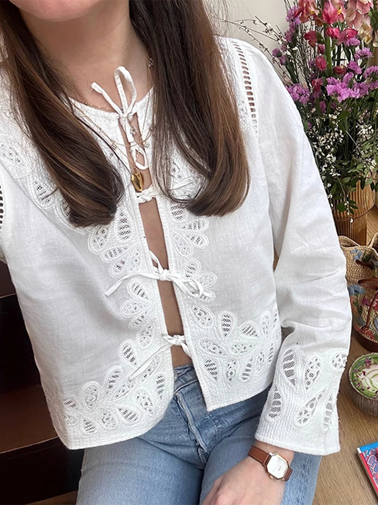 Aiertu  -  Ladies Sweet Lace Embroidery White Shirt New French Spring Ladies Round Neck Lace Hem Short Blouse Top Versatile 2025 Aiertu