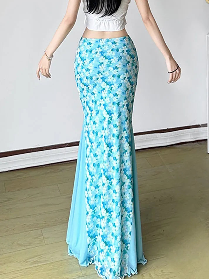 Aiertu  -Floral Ruffled Mesh Low Waist Maxi Dress aiertu