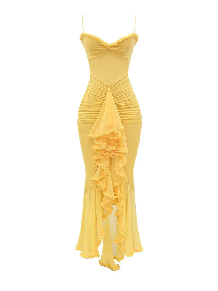 Aiertu  -  Women Yellow Irregular Ruffles Pleated Mesh Sling Party Dress Sexy Sleeveless Backless Slim Robes Female Elegant Wedding Dresses Aiertu