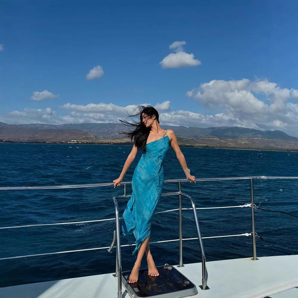 Aiertu  -  Fashion Chiffon Blue Irregular Dress for Women Summer Diagonal Collar Sleeveless Sling Slim Dresses Lady Beach Party Robes Aiertu