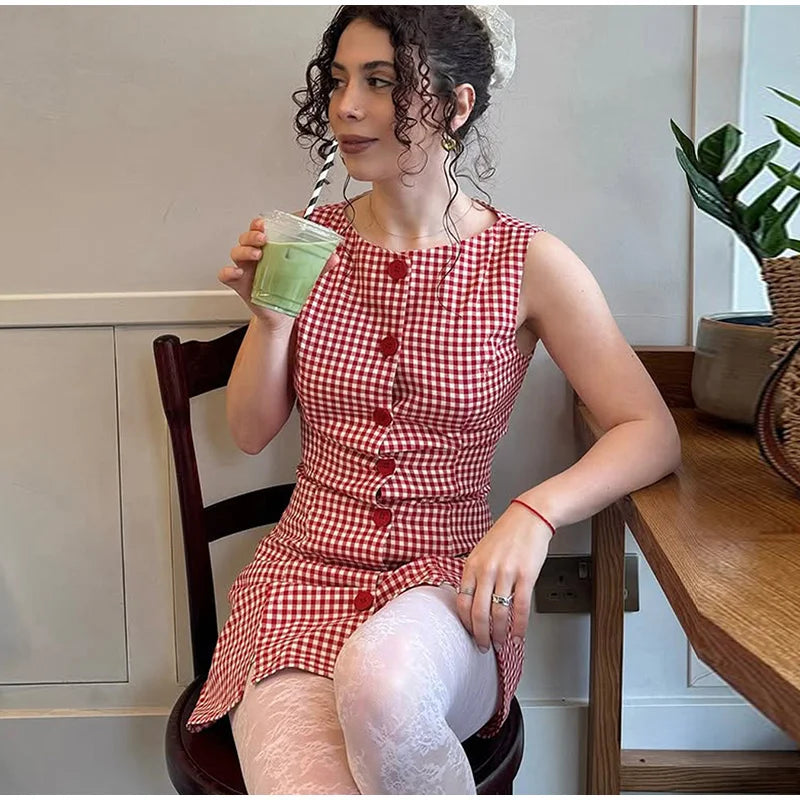 Aiertu  -  Round Neck Sleeveless Plaid Dress Woman Single Breasted Patchwork A-Line Short Dresses Casual Slim Women's Versatile Mini Dress Aiertu