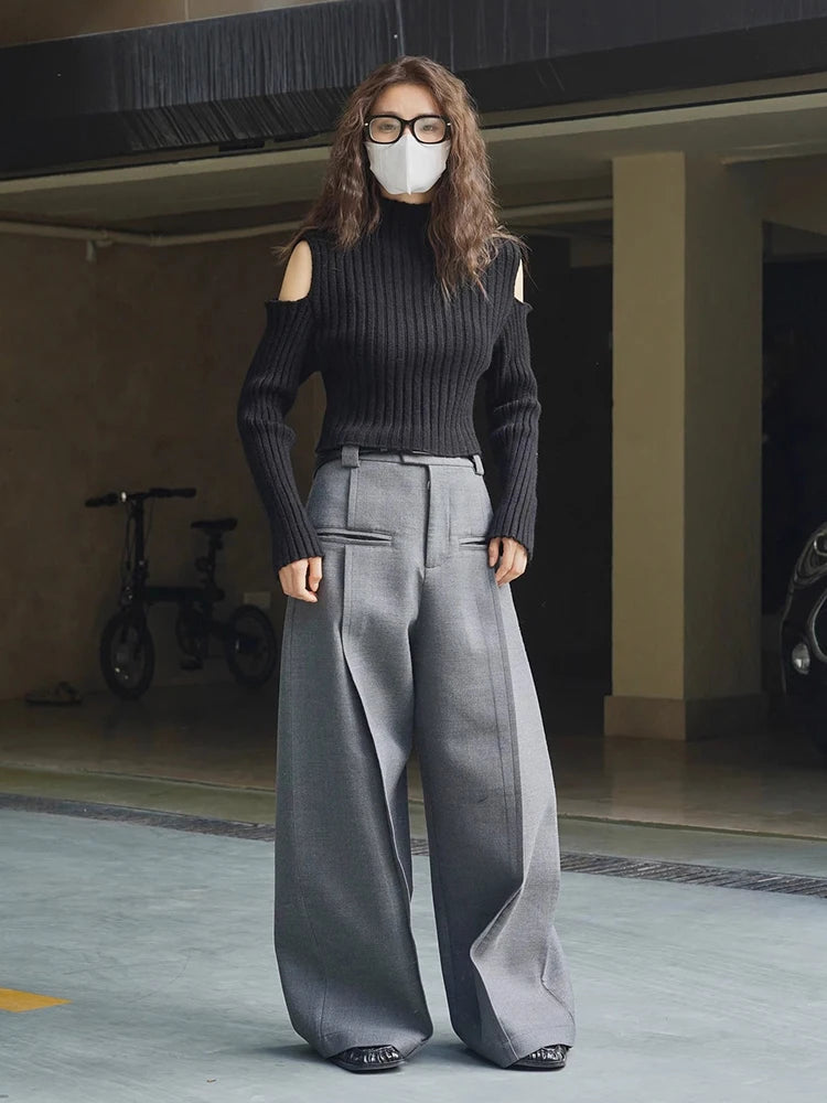 Aiertu  -  Plus Size Women's Casual Wide Palazzo Pants Cleanfit Solid Pleated Slant Pockets Work Trousers Office Korea Clothes Aiertu