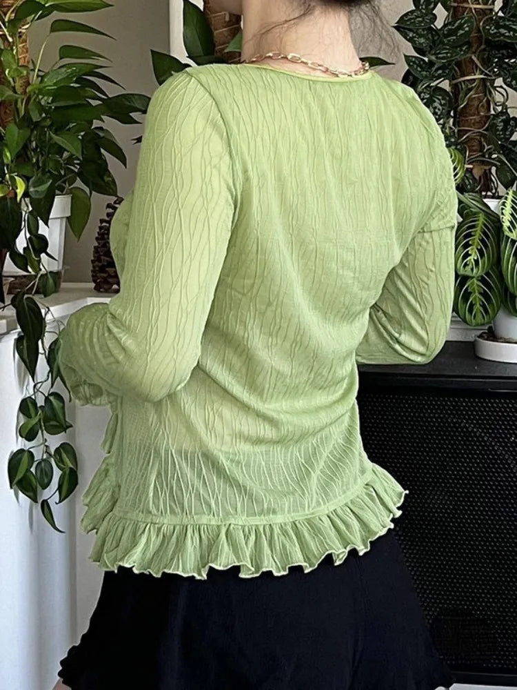 Aiertu  -  Women Y2k Aesthetic See Through Ruffled Shirt Grunge Slim Bandage Harajuku Blouse Sexy Streetwear Flare Sleeve Blusas De Mujer Aiertu