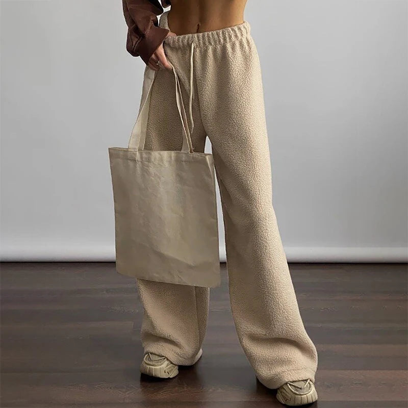 Aiertu  -  Winter Style Warm Women's Harajuku Casual Loose Fit Lamb Wool Solid Drawstring Elastic Waist Lacing Wide Leg Straight Pants Aiertu