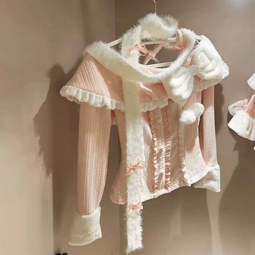 Aiertu  -  Korean Style Winter Atmospheric Sweet and Cute Bow Slim Two-piece Set for Women Y2k Retro Pink Sexy Trendy Fluffy Pleated Skirt Aiertu