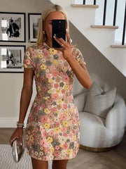 Aiertu  -  Chic Flower Mini Dress Women O-neck Short Sleeves High Waist A-line Dresses Female 2025 Spring Summer Fashion Floral Lady Robe Aiertu