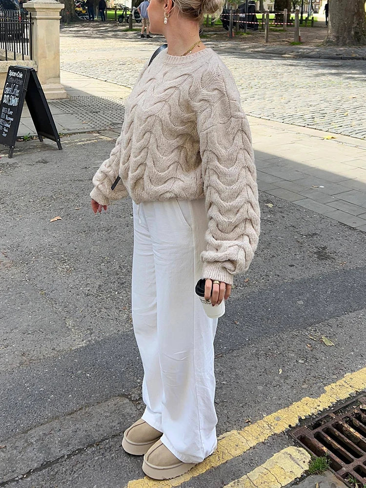 Aiertu  -  Twist Knitted Oversize Sweater Women Winter O Neck Basic Casual Jersey Pull Femme Apricot Loose Fashion Jumper Aiertu
