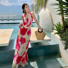 Aiertu  -  Rose Red Halter Neck Backless Long Dress for Women's Summer Seaside Vacation Style Colorful Printed A-line Dress Female Clothes Aiertu