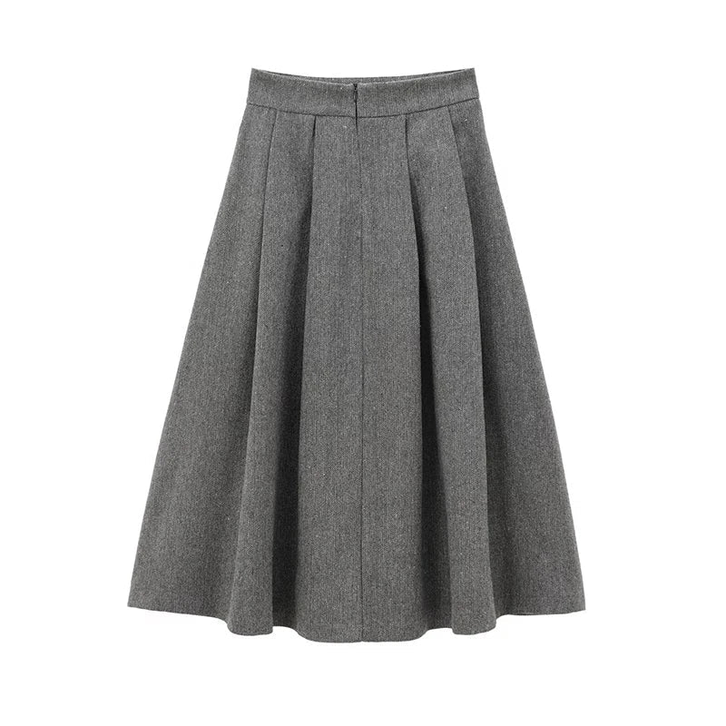 Aiertu  -  Office Lady Elegant Midi Skirt For Women Mid Waist Box Pleat A-line Autumn Winter Skirts Gray faldas mujer Aiertu