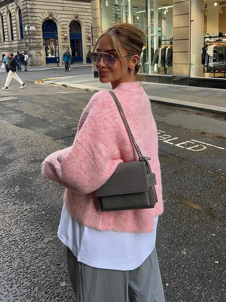 Aiertu     -  Fall Outfits 2026 Casual Pink Women Cashmere Knitted Sweater Drop Shoulder Round Neck Knit Pullover New Autumn Lady Loose Fit Long Sleeve Jumper Aiertu
