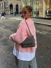 Aiertu     -  Fall Outfits 2026 Casual Pink Women Cashmere Knitted Sweater Drop Shoulder Round Neck Knit Pullover New Autumn Lady Loose Fit Long Sleeve Jumper Aiertu