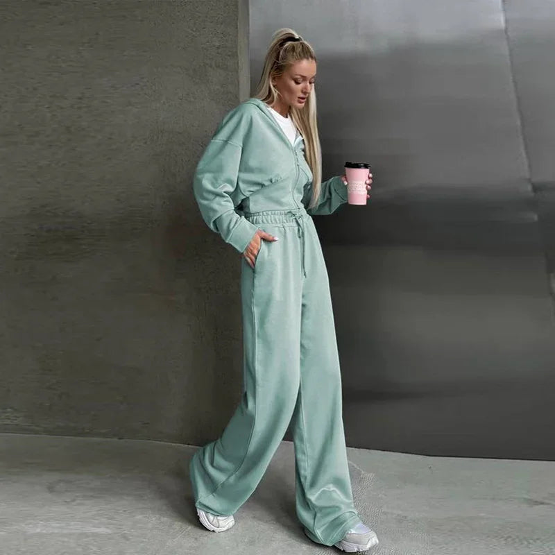 Aiertu  -  Casual Solid Hoodies Pants Set Women Long Sleeve Zipper Short Sweatshirt Loose Drawstring Trouser 2026 Autumn New Lady Tracksuit Aiertu