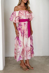 Aiertu  -Elegant Floral Print Lace Up Off Shoulder A Line Dresses aiertu