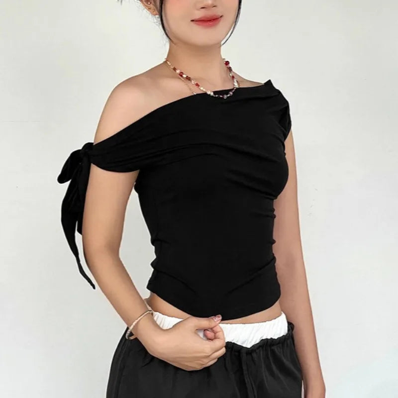 Aiertu  -  2000S New Fashion Folds Bow Solid Color Short Sleeve Sheath T-shirt 2025 Spring Women's Casual Style Slim Fit Lace-up Tees Top Aiertu